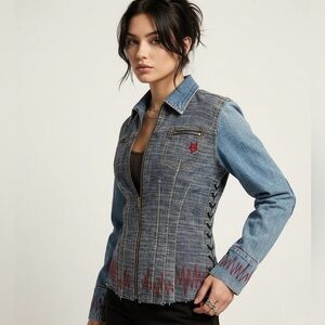 Y2K Parasuco Two-Tone Denim Jacket with Lace-Up Sides & Red Embroidery - Size L